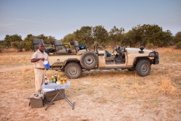 Having a refreshment break on a game drive in Lower Zambezi National Park in Zambia.